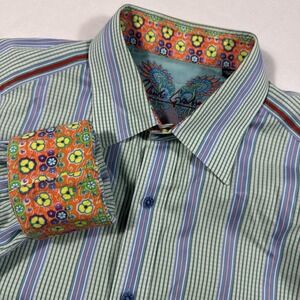 ROBERT GRAHAM Shirt Mens 2XL Green Blue Multi Striped Flip Cuff LS Button Up*